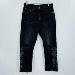 Levi's 501 Original Crop Jeans Womens 29 Black Studded‎ Cut Off Hem Rigid Denim